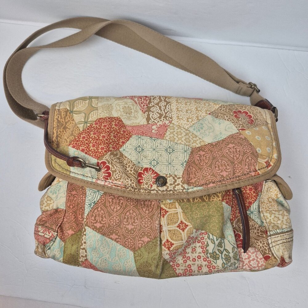 Fossil Cotton Patchwork Messenger Crossbody Shoulder Bag with Key Tag